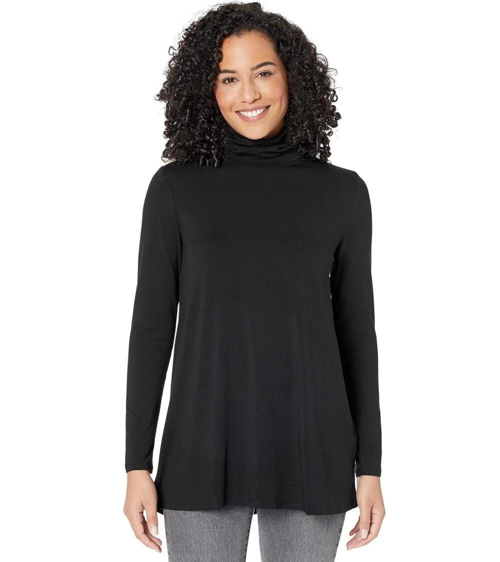 Eileen Fisher Fine Jersey Scrunch Neck Long Top Womens L Black Tunic Turtleneck